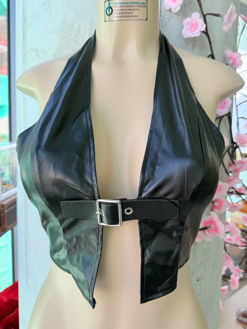 NWOT Black Faux Leather Backless Halter Crop Top with Front Buckle Size Small
